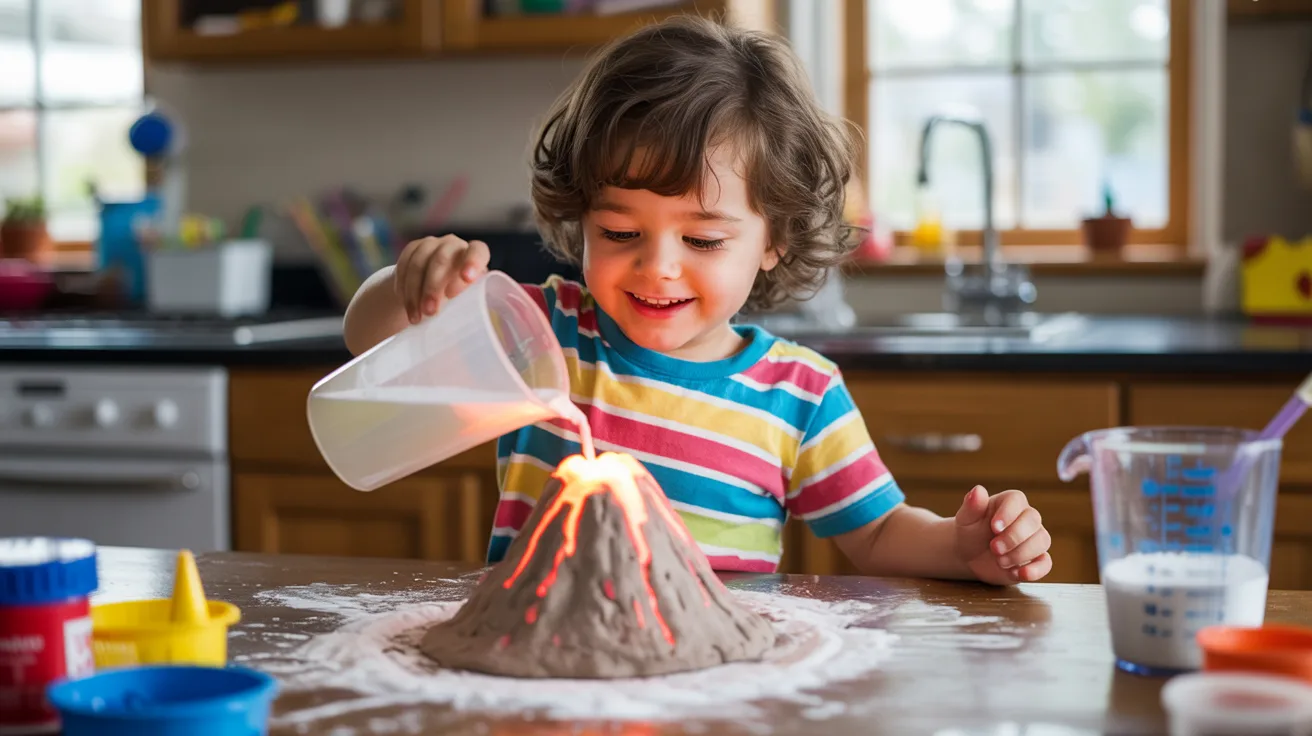 Child doing a simple science experiment with baking soda volcano on table, messy fun creative learning, realistic home environment.