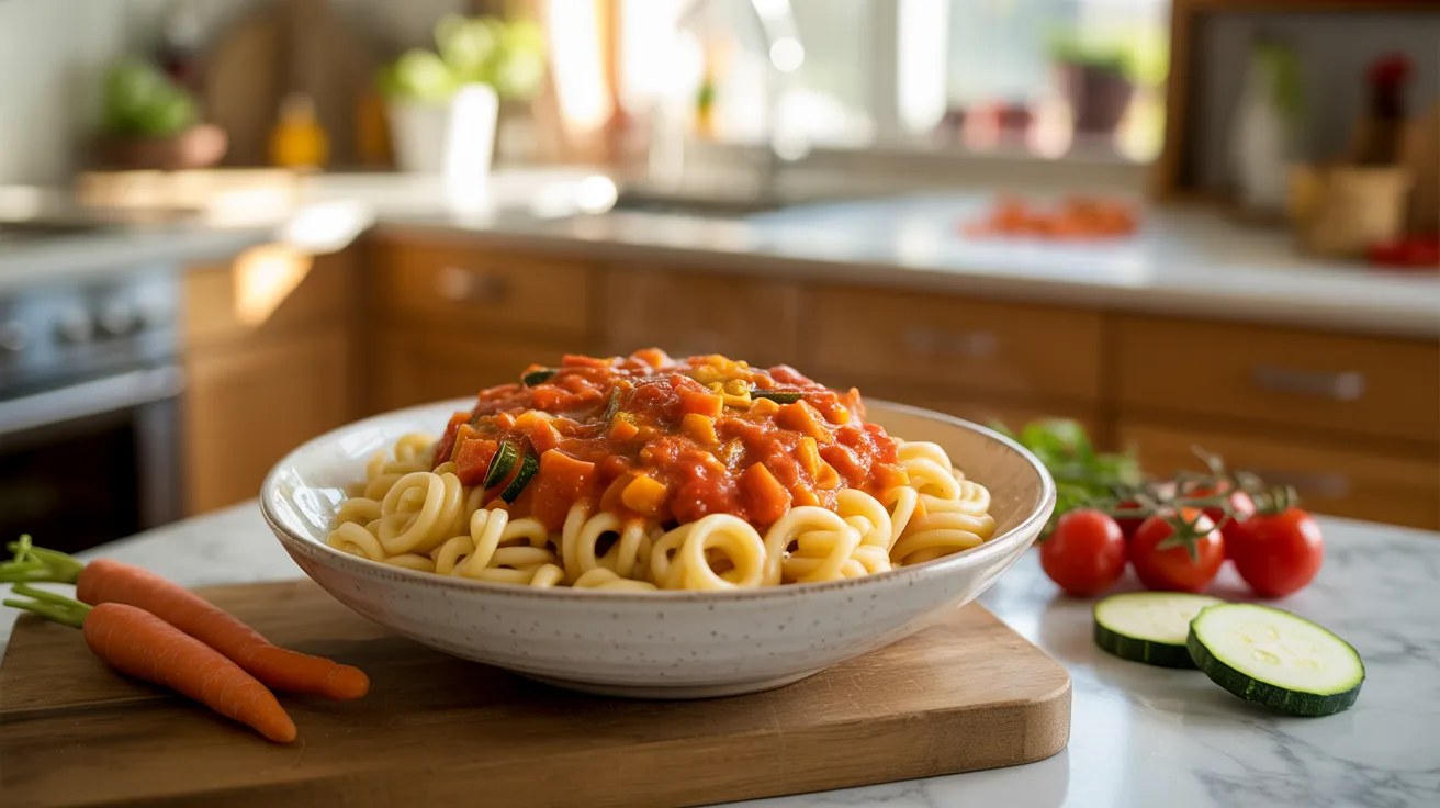 Pasta topped with hidden vegetable tomato sauce as a healthy toddler meal prep meal.
