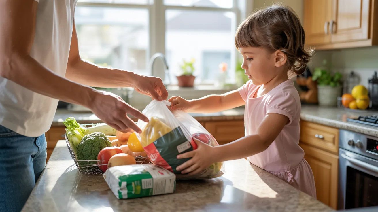 Child helping with groceries as life skills activity for kids.
