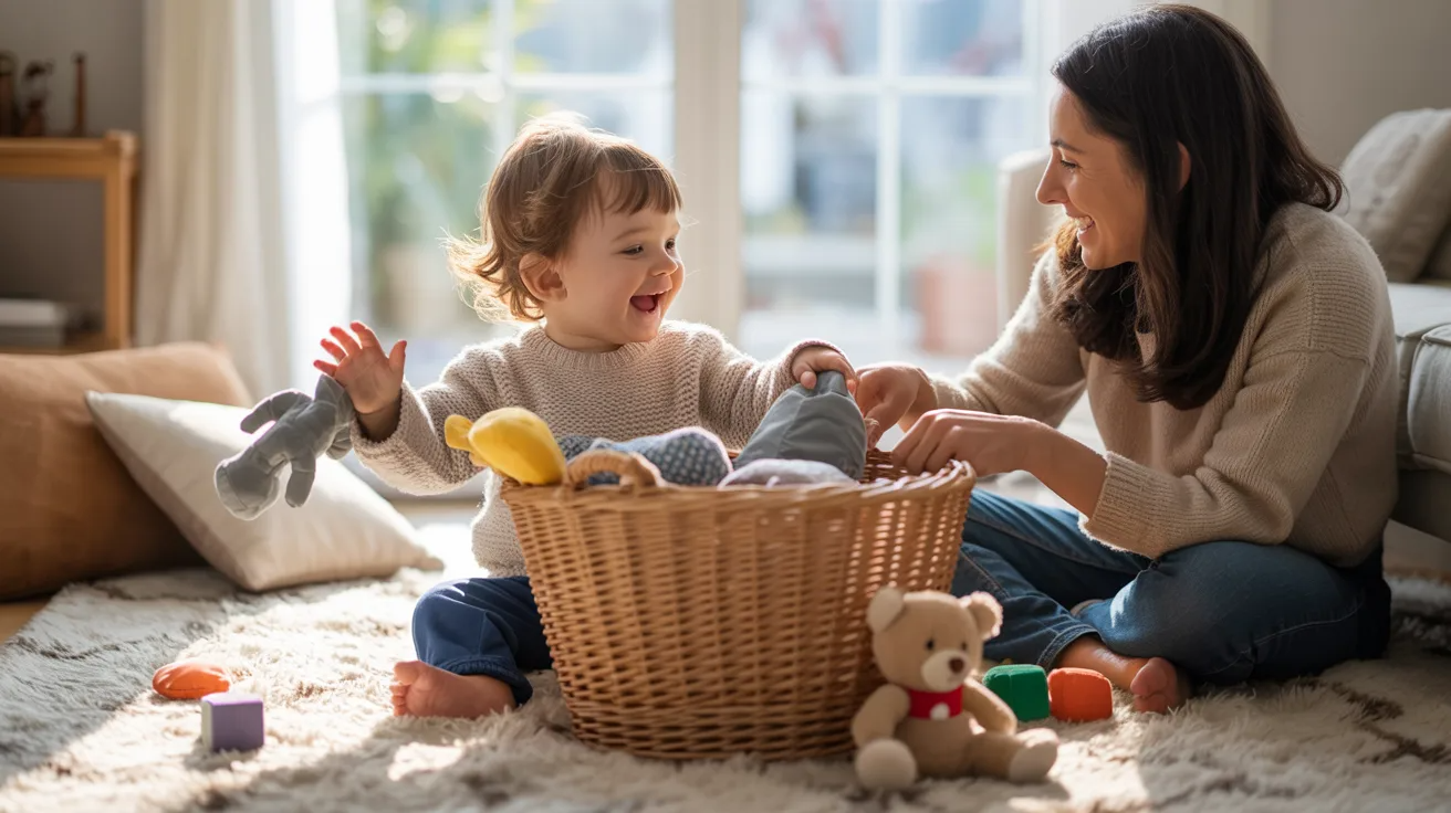 15-month-old toddler putting toys in and out of a basket during a fun activity at home.