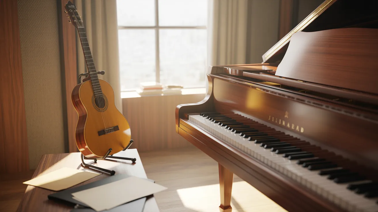 Music setup featuring a guitar and piano arranged in a studio-like environment, representing a musical practice or recording space.