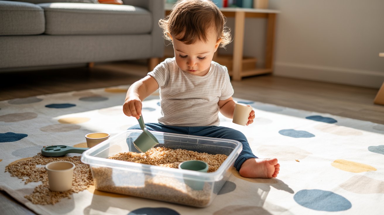 toddler playing with dry rice sensory bin using cups and spoons
