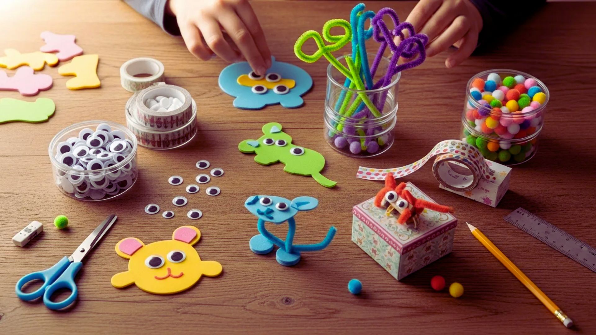 A table displaying an assortment of craft supplies, including scissors, glue, and colorful papers.