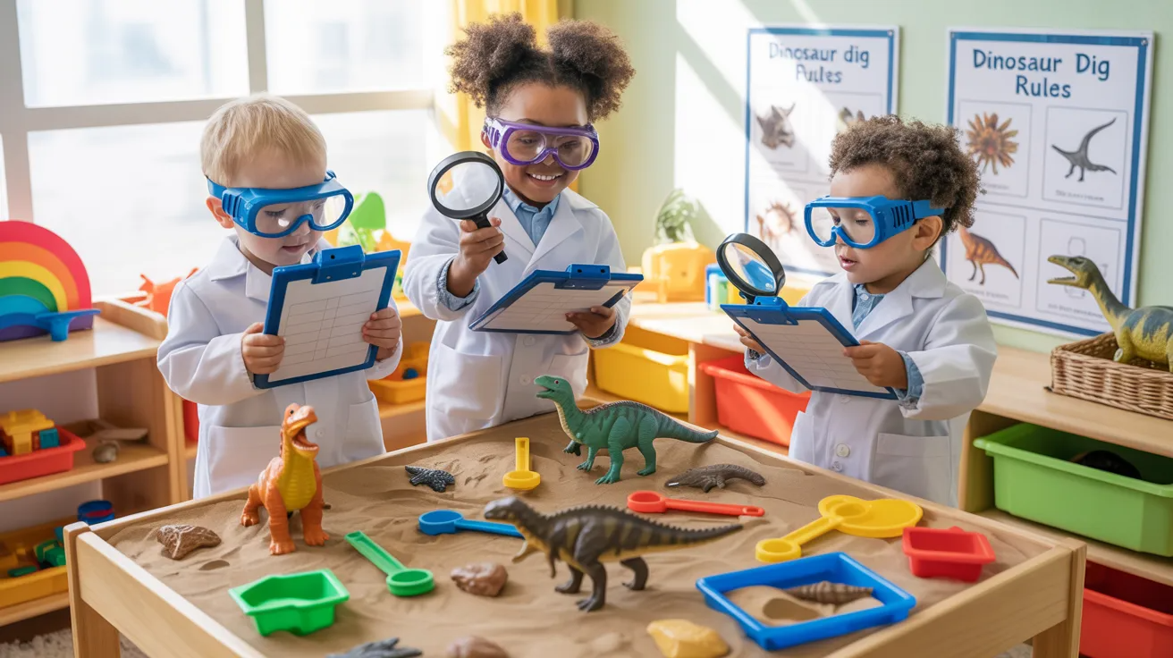 Preschool children pretending to be paleontologists with toy dinosaurs during a dinosaur themed activity.