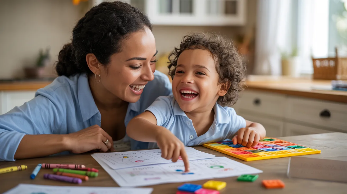 Parent and child laughing together during learning activity at kitchen table, relaxed joyful mood.