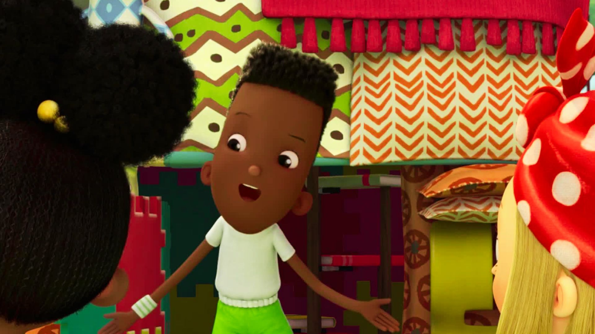 A cartoon character engages in conversation with another child, showcasing curiosity and friendship.