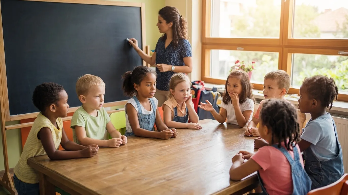Teacher writing ideas on a board while students participate in a discussion about what respect looks and sounds like