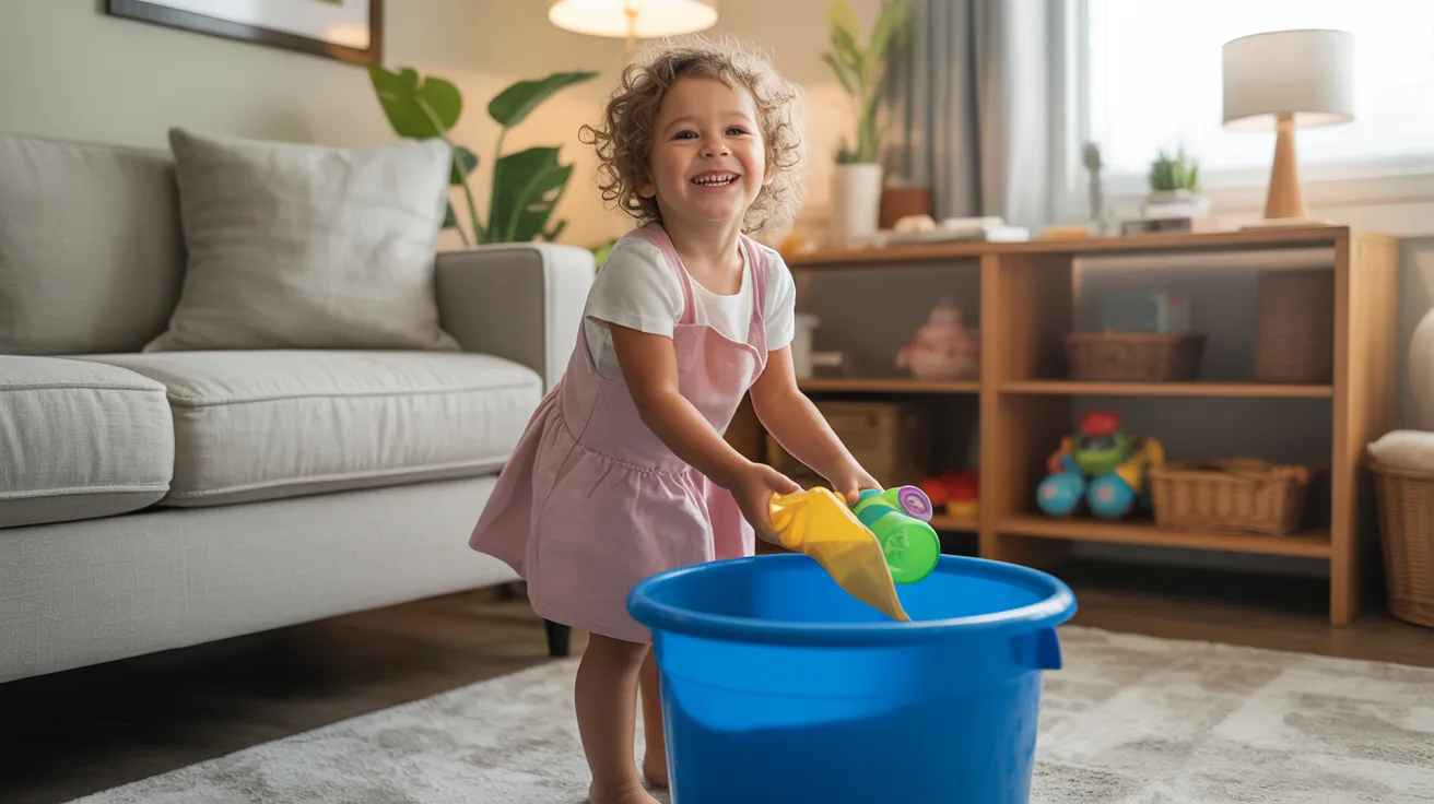 Child helping with household chores willingly at home while showing responsibility and care for the family