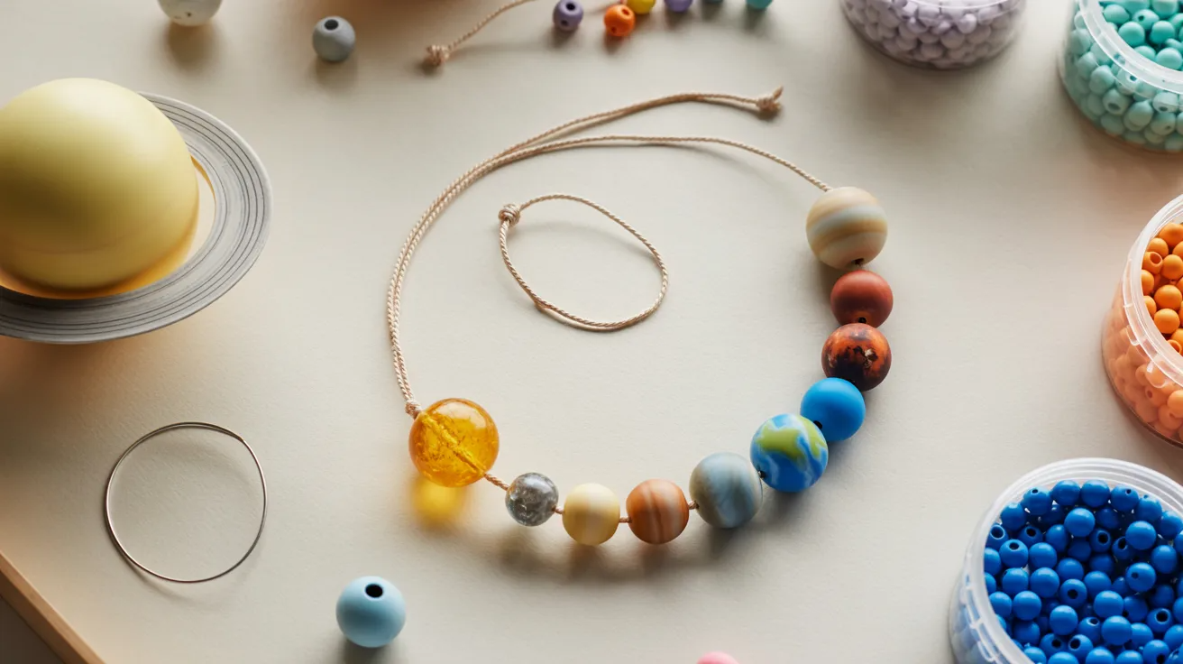 Solar system necklace with beads in planet order for kids space learning activity.