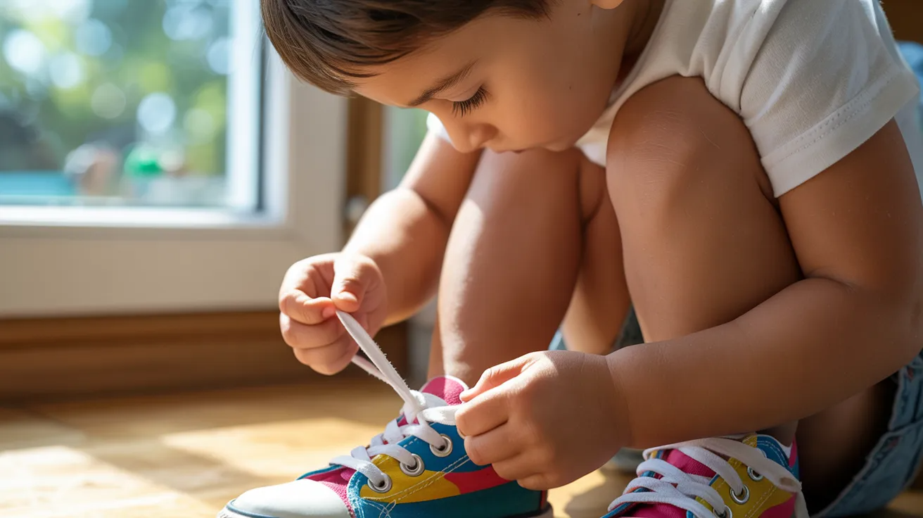 Child learning to tie shoelaces as life skills activity for kids.
