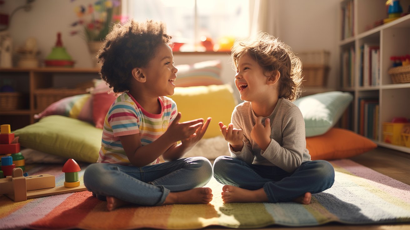 Children happily taking turns saying rhyming words in a playful setting