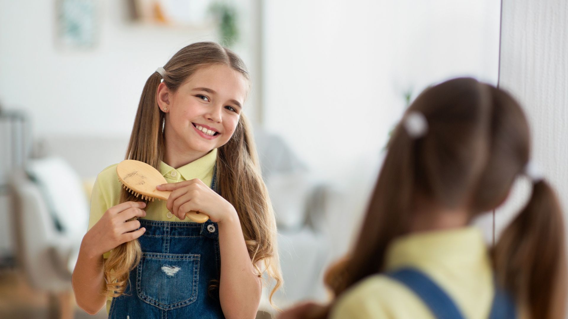Smiling young girl in denim overalls brushing her long hair and looking at her reflection in a mirror, a self esteem activity for kids that builds self care and positive body image
