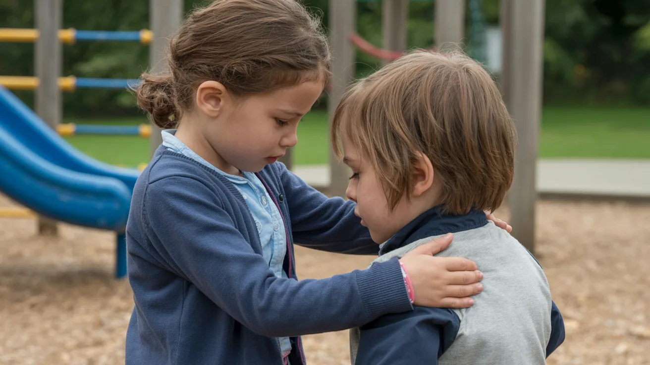 Child comforting another upset child on a playground by offering support and showing empathy in a real-life moment