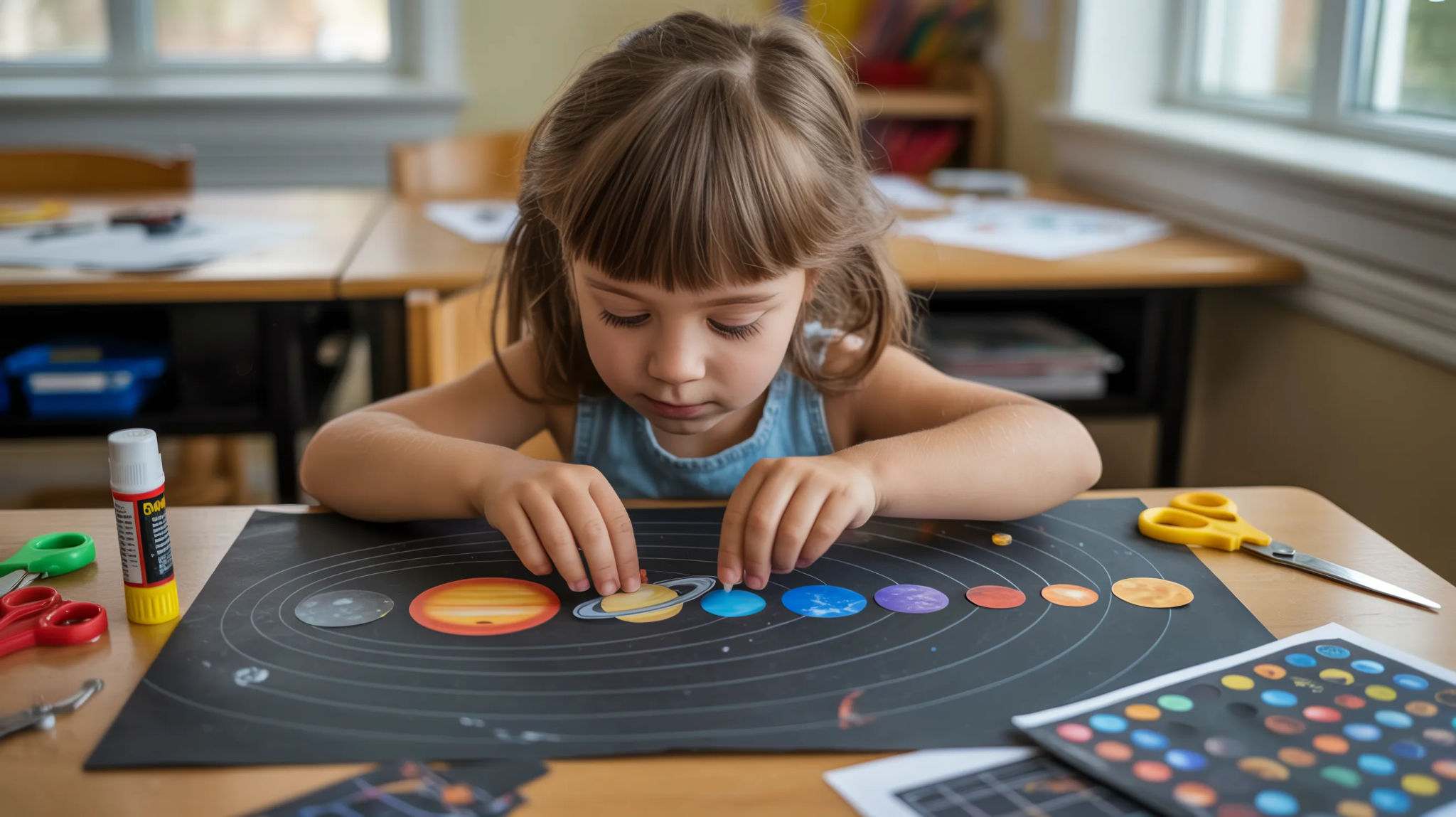 Child placing planet stickers in order for solar system activity.