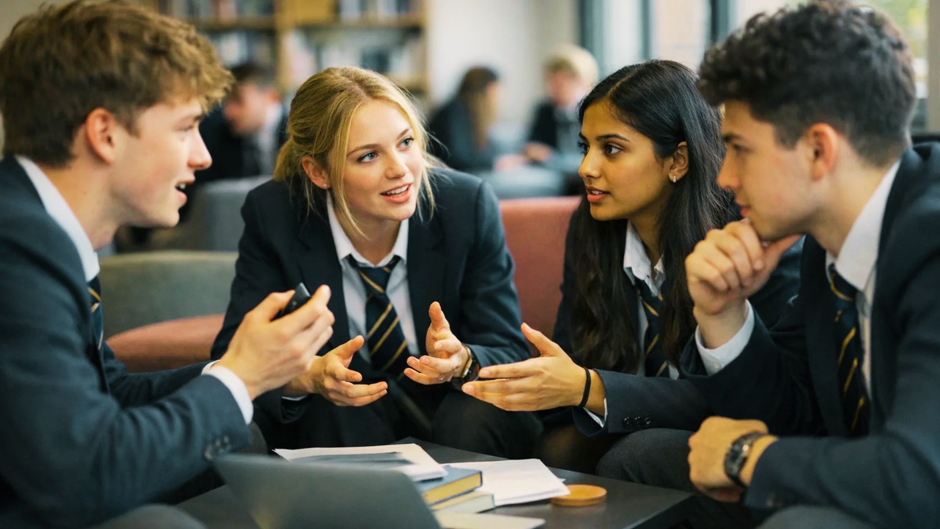Four young people in school uniforms engaged in conversation, sharing ideas and collaborating on problem-solving activities.