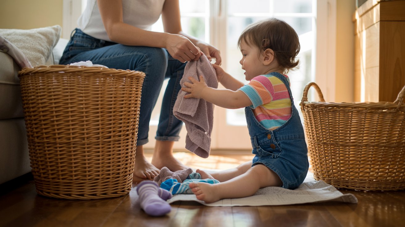 toddler helping with laundry by moving clothes