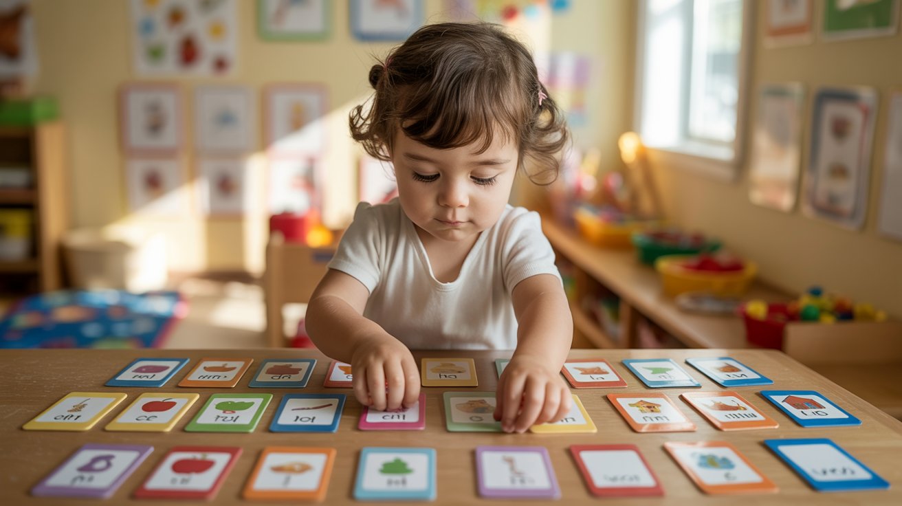 Child building sentences by arranging word cards on a table
