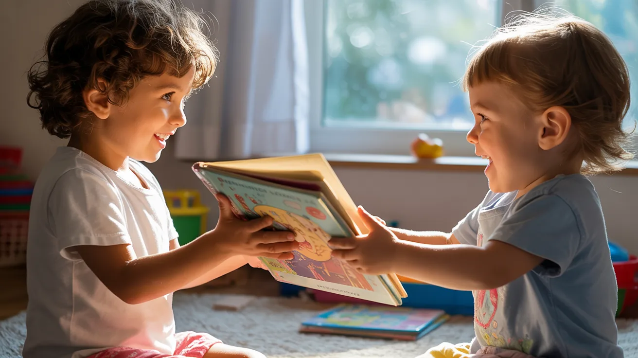 Child sharing toys and books generously with another child while spreading kindness and building friendship