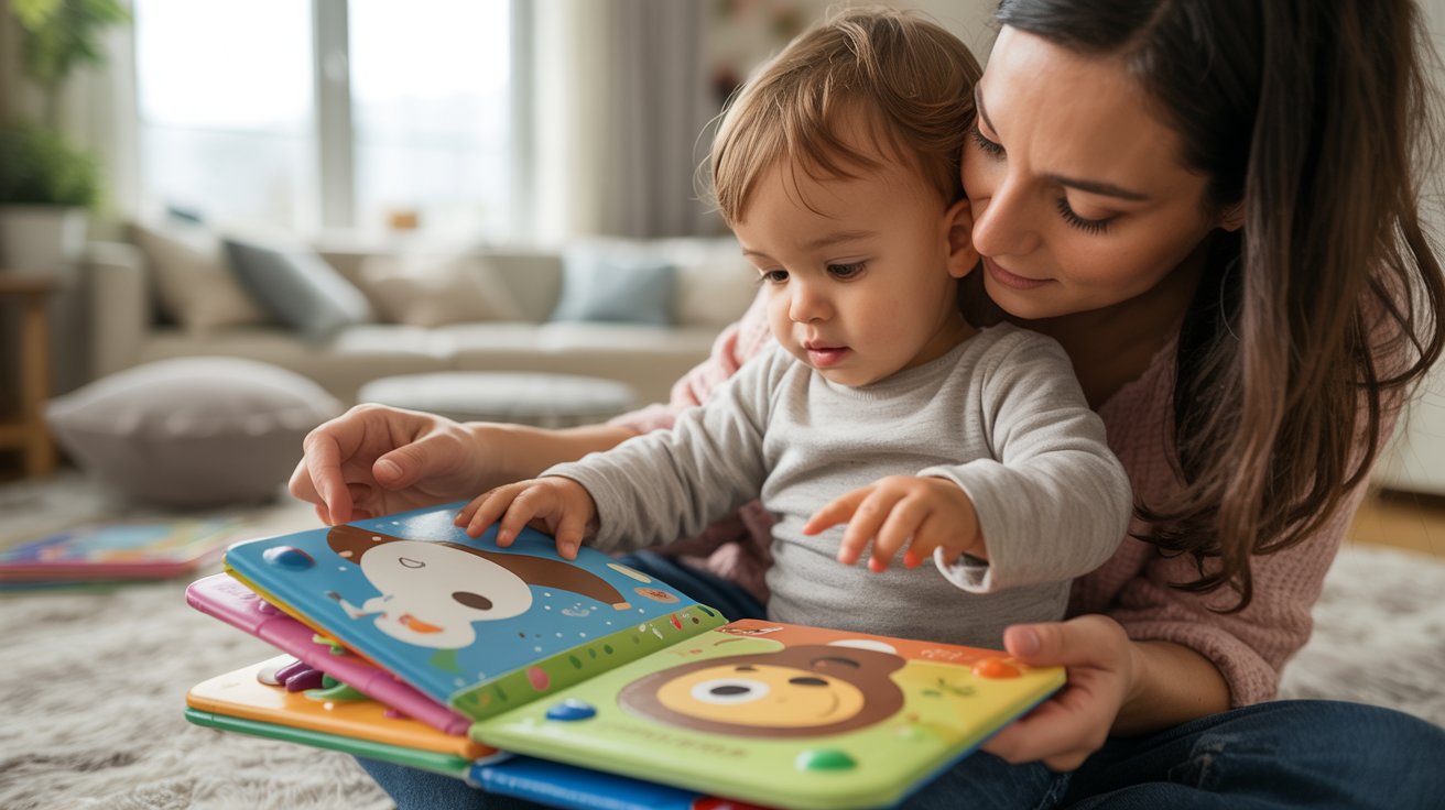 A woman and a baby sit together, engaging with an interactive board book, sharing a joyful reading experience.