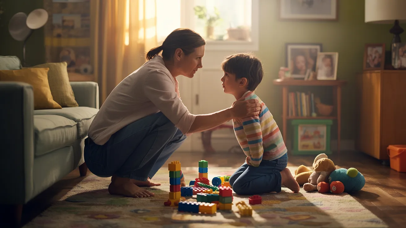 "Parent gently guiding a child in a messy room, illustrating teaching responsibility without nagging in a warm natural home setting"