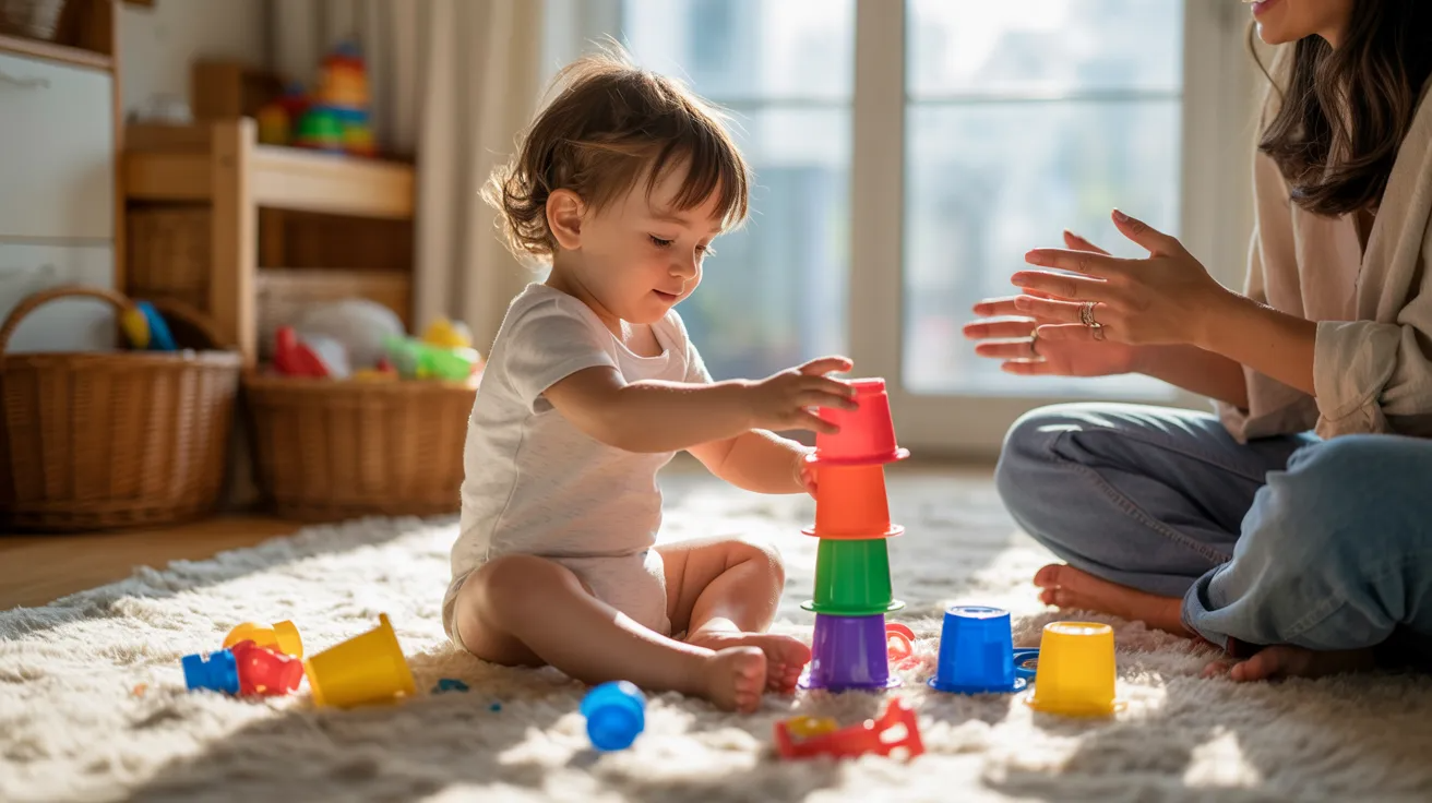 15-month-old toddler stacking cups and blocks during a fun activity at home.