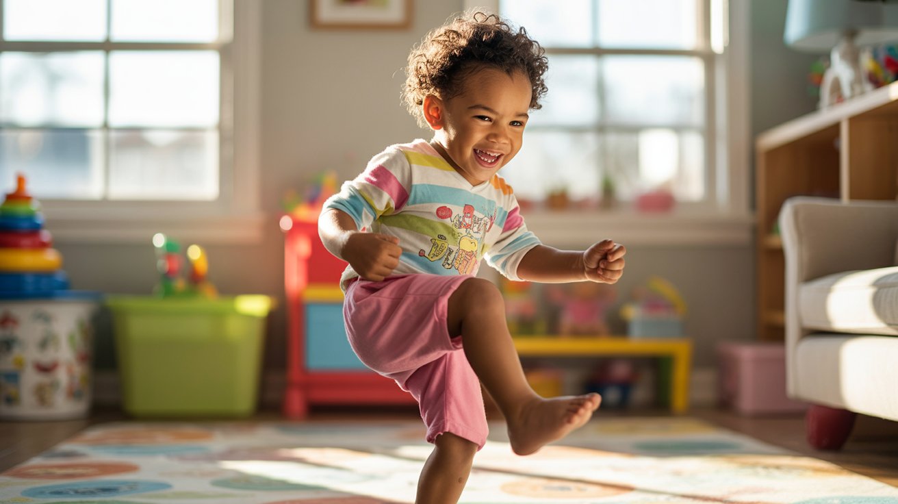a child is standing on one foot with other in the air with colorful background