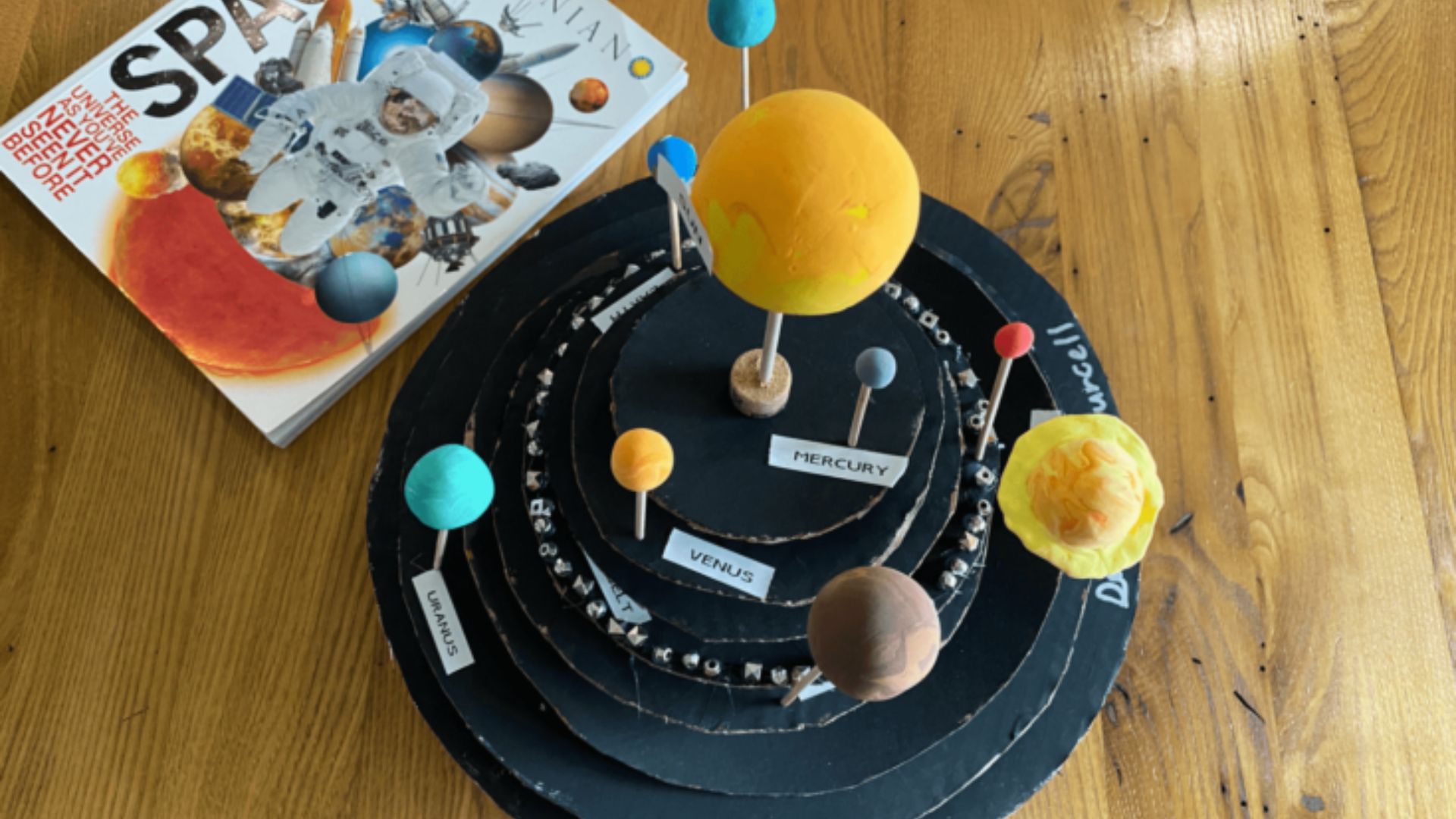 A detailed model of the solar system displayed on a table, showcasing planets and their orbits in a colorful arrangement using recycled materials.