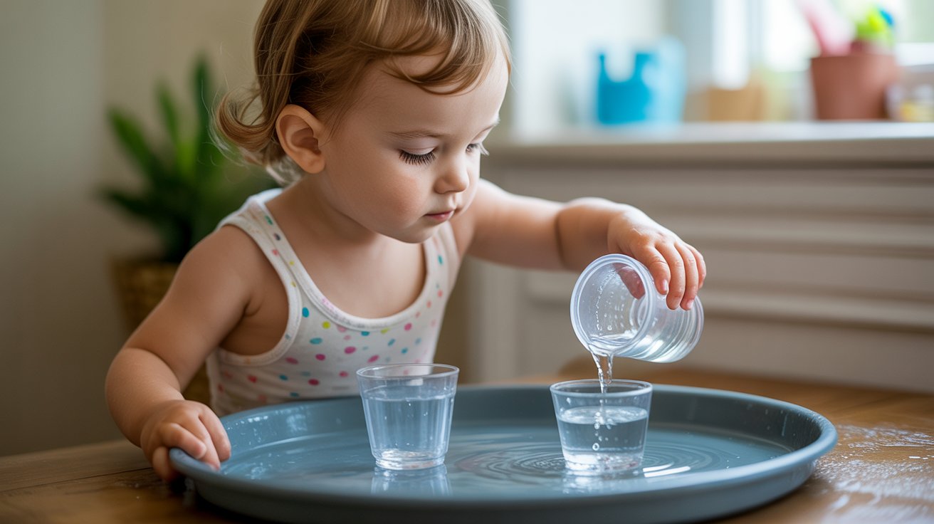 toddler practicing water pouring activity with cups