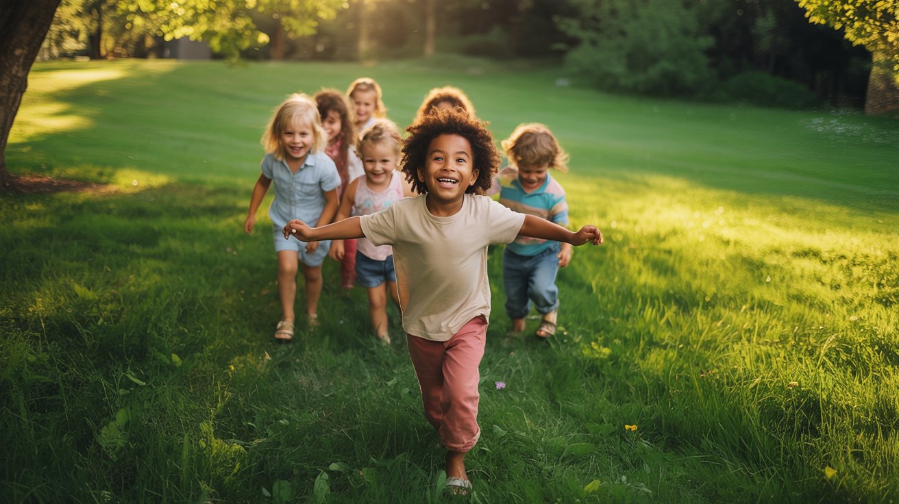 Kids stepping forward toward a leader in a playful outdoor guessing game