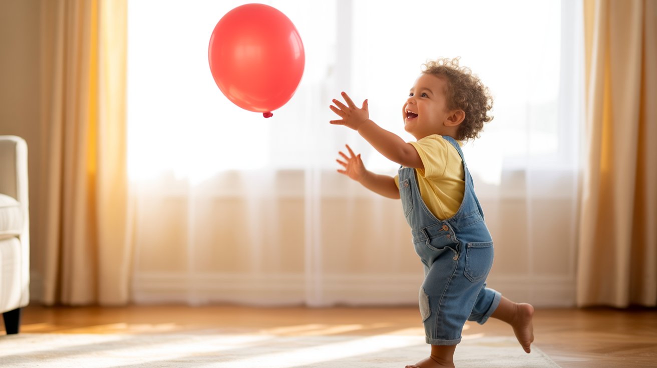 A young child joyfully playing with a bright red balloon in a sunny outdoor setting.