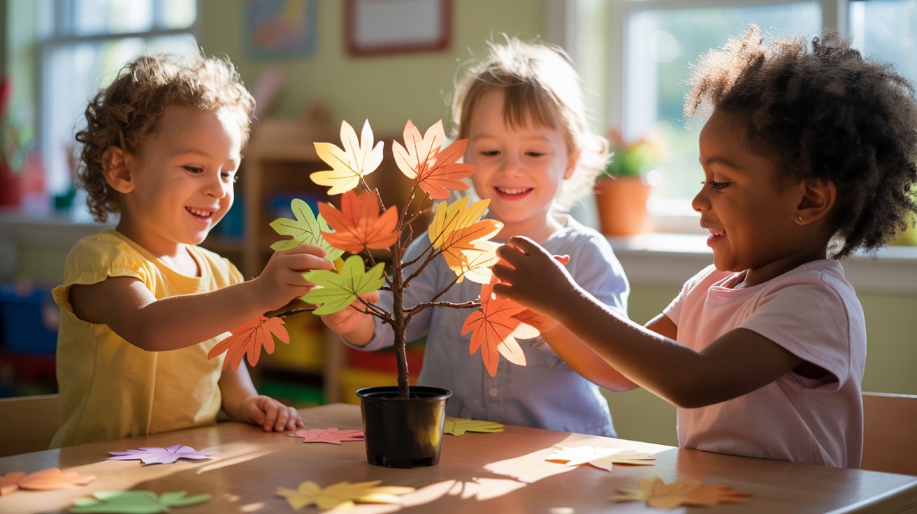 Three children joyfully playing with colorful paper leaves scattered on a table.