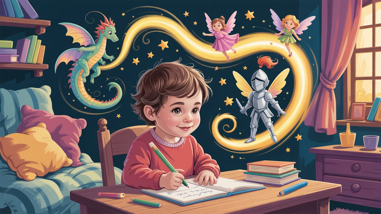 A boy writes in his room, surrounded by a dragon and various fantasy characters, immersed in his imaginative world.