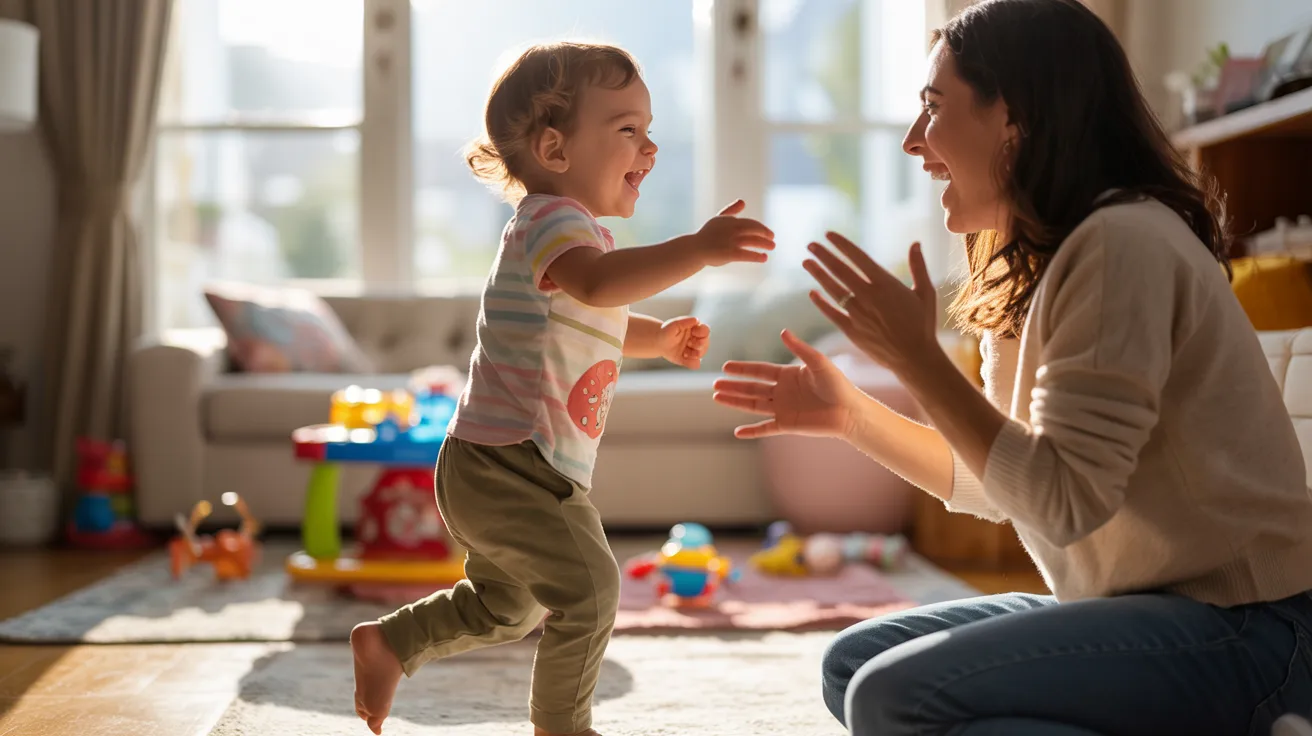 A woman and child engaged in a fun dance party in a living room, surrounded by vibrant music and laughter.