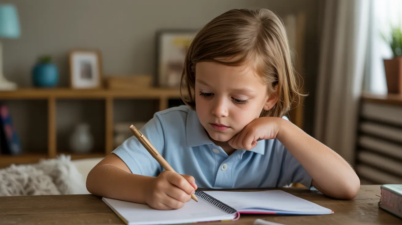 Child writing a list of people they respect while thinking carefully in a calm and realistic indoor setting