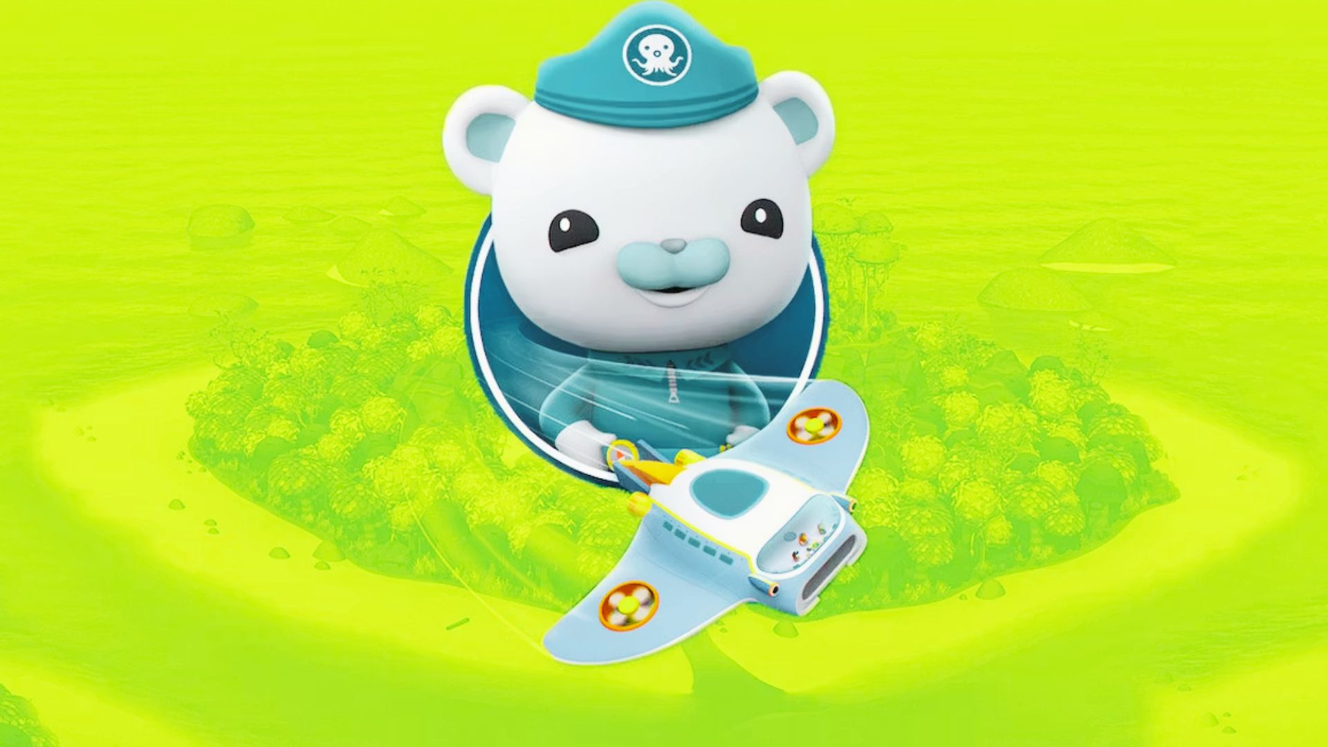 A playful cartoon bear poses with a bright plane in the background, reflecting the adventurous spirit of the Octonauts.