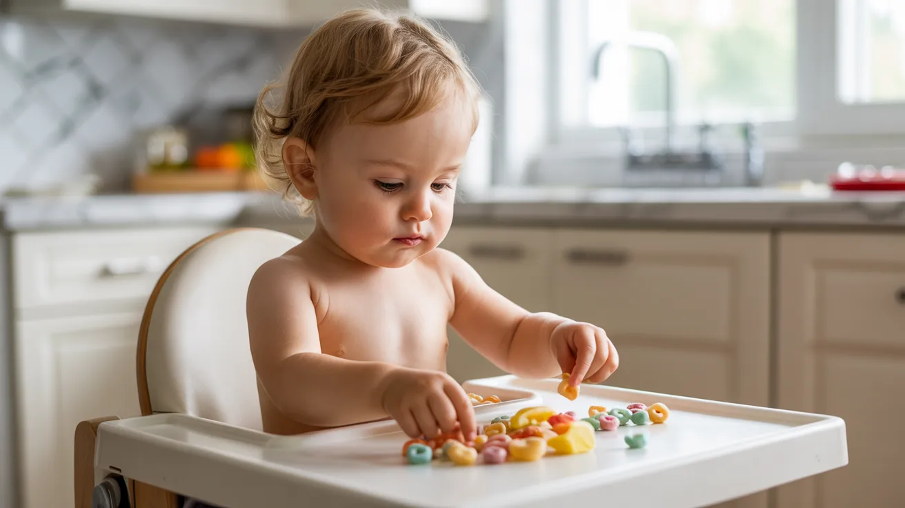 15-month-old toddler sorting snack pieces on a tray during a simple food play activity.
