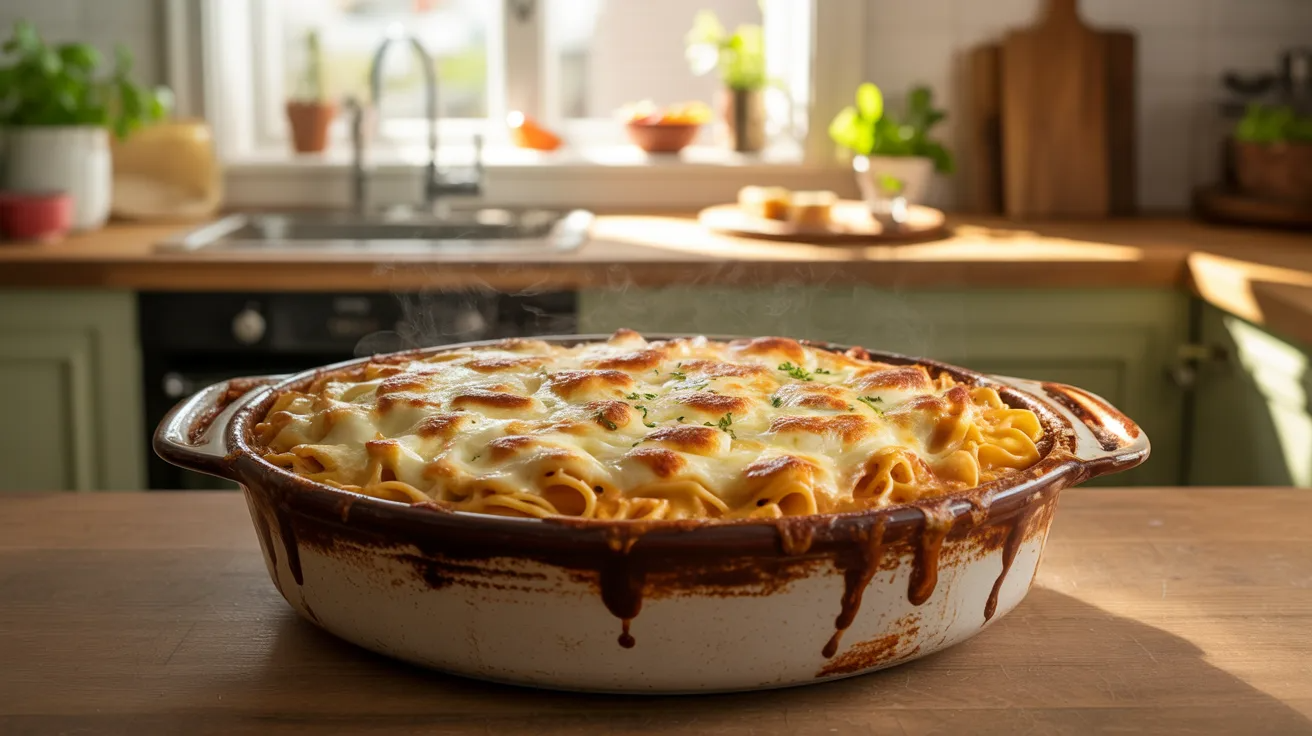 Cheese pasta bake in oven dish as creamy toddler freezer meal prep.