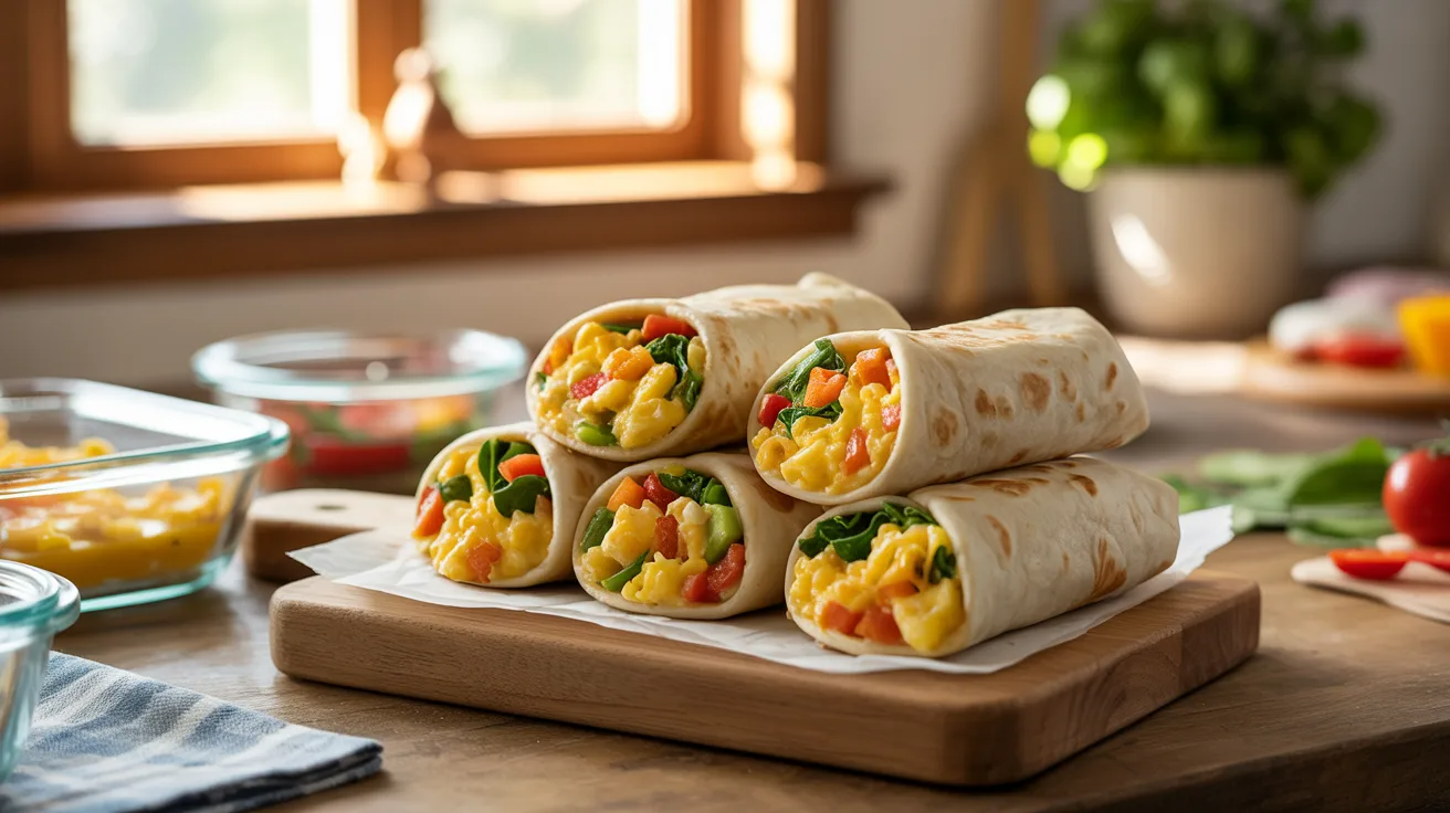 Mini breakfast burritos wrapped for freezer as toddler meal prep breakfast.