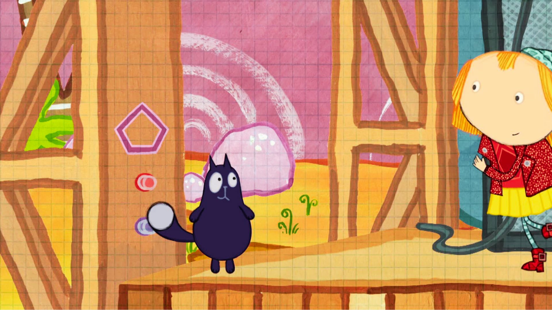 Peg, a cartoon character, stands next to a cheerful cat, both appearing joyful in a vibrant scene.