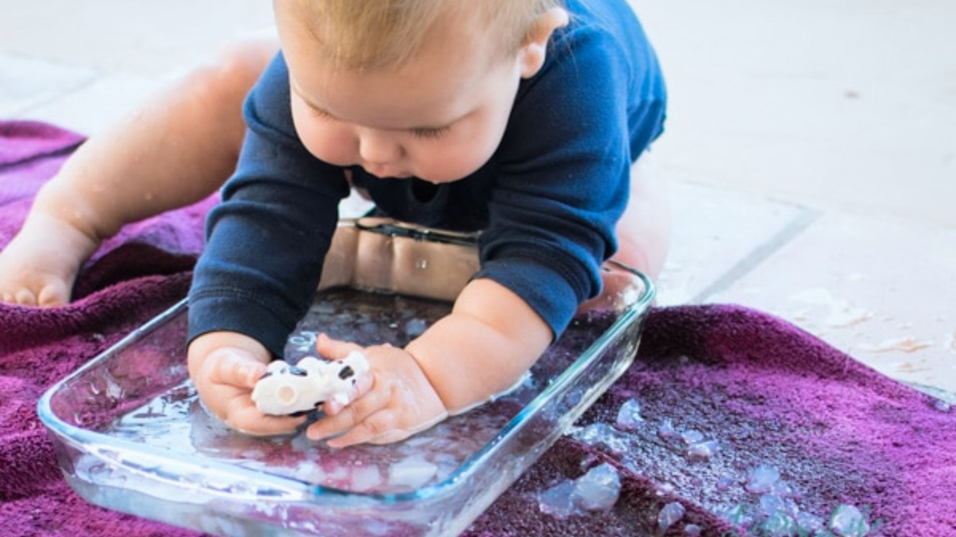 An infant in a navy onesie crawls on a purple towel and plays with gel and water in a glass dish.
