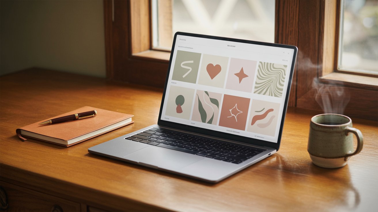 A laptop on a desk accompanied by a cup of coffee and a notebook.