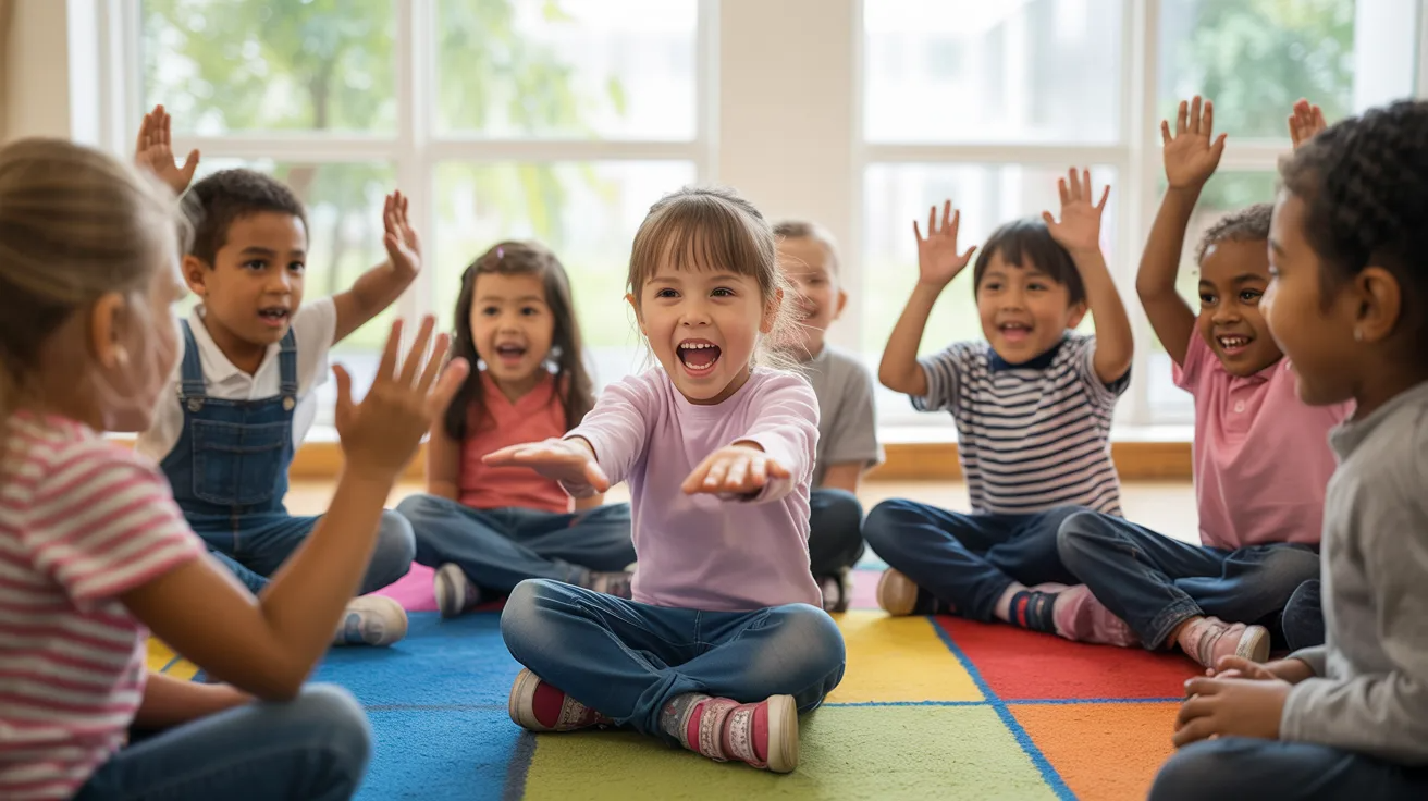 Child acting out a gesture like giving space or asking before a hug while other kids watch and guess, group activity in classroom, lively expressions