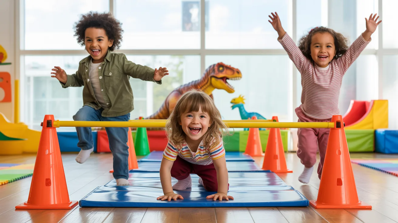 Preschool children moving like dinosaurs in an obstacle course during a dinosaur themed activity.
