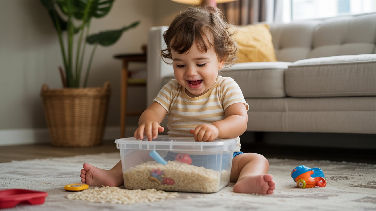 Toddler playing with rice sensory bin and hidden objects