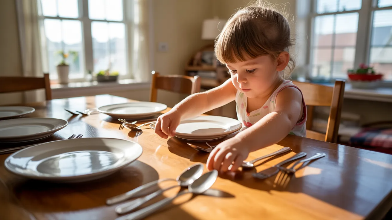 Child arranging dining area as life skills activity for kids.