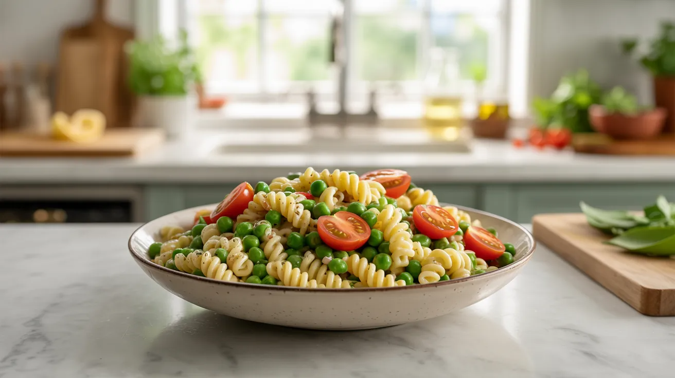 Veggie pasta salad served cold as quick toddler meal prep lunch.