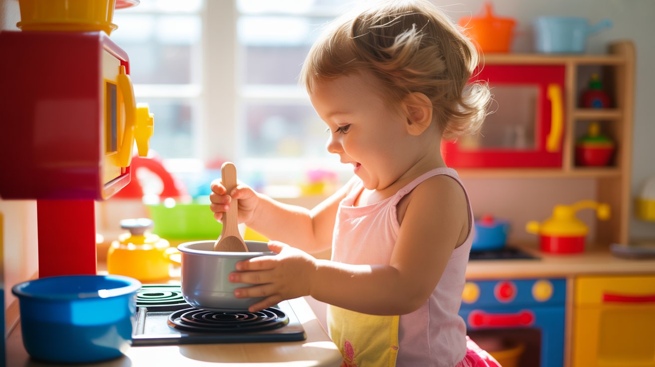 toddler doing pretend cooking with toy kitchen