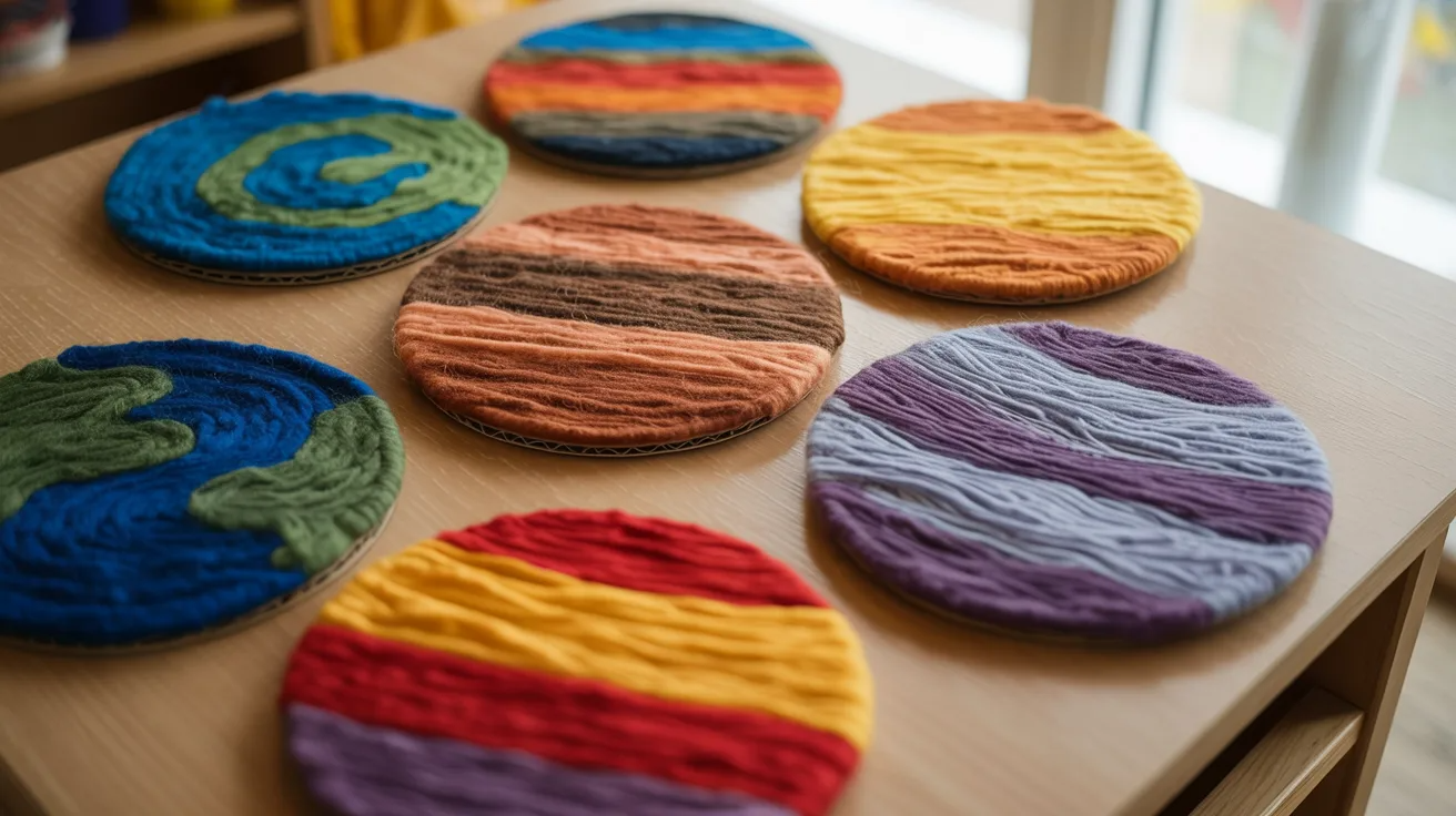 Yarn wrapped planet craft showing textured solar system models for kids hands-on space activity.