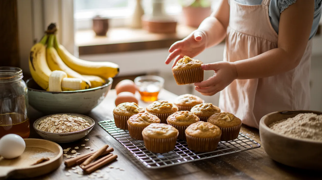 "Freshly baked banana oat muffins cooling in a cozy kitchen with visible ingredients like ripe bananas, oats, honey, and flour, creating a wholesome homemade snack scene."