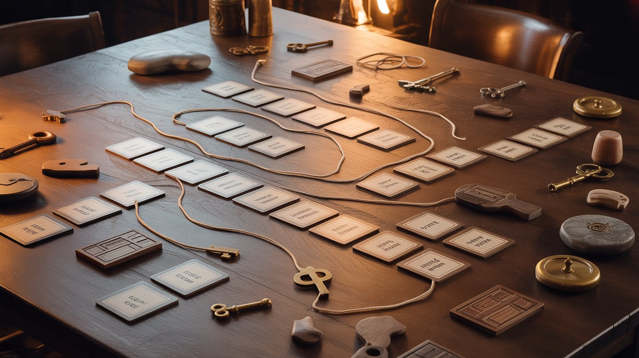 A table displaying a variety of items, including keys, cards and more.